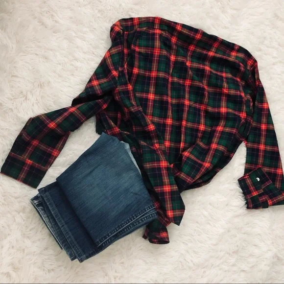 Hunt Club Medium Red Green Blue Twill Plaid Long Sleeve Button Down Shirt - Picture 5 of 6